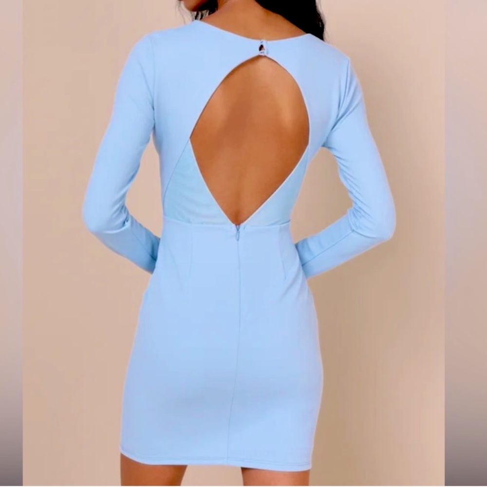 Lulu's RSVP Perfection Blue Bodycon Long Sleeve V-Neck Open Back Mini Dress XS